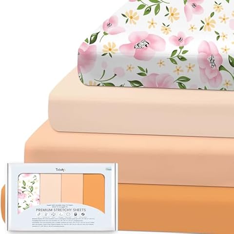 TotAha Premium Stretchy Bassinet Sheets for Baby Girl, Hypoallergenic, Buttery Soft, Silky Comfort Cradle Sheets Fitted 18 x 36 for Oval, Rectangular, Hourglass Mattress, 4-Pack (Pale Pink Floral) Cover