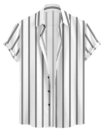 Image of Vertical Striped Short Sleeve Casual Shirt for Men, Stratchable 100% Spandex Material,Black and White