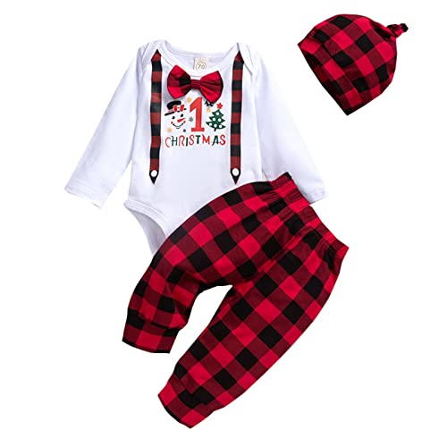 Calça xadrez infantil meninos meninas Natal manga longa desenhos animados tops calças chapéu primeir