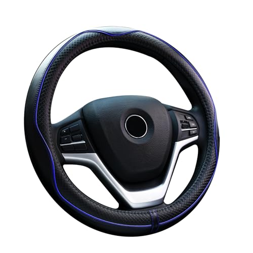 Image of Valleycomfy Steering Wheel Covers Universal 15.75 inch - Genuine Leather, Breathable, Anti Slip & Odor Free (Black with Blue Lines, L(15 inch 1 /2-16 inch))