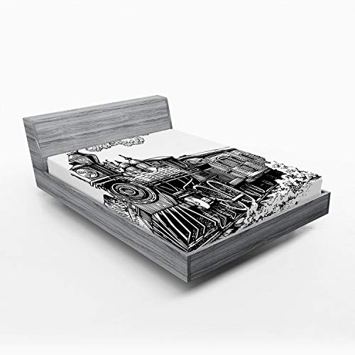 Ambesonne Steam Engine 2 Pack Fitted Sheet, Rustic Old Train, Bed Cover All-Round Elastic Deep Pockets 2 Pieces, Package Contains 2 California King Fitted Sheets, White and Black