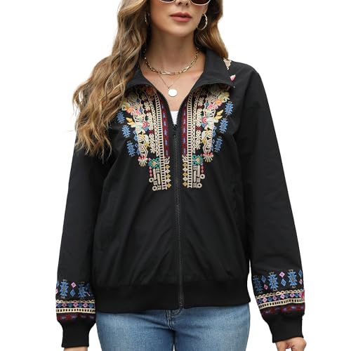 Grosy Boho Embroidered Bomber Jacket Women Fashion Floral Windbreaker Mexican