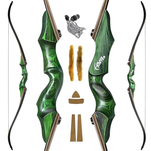 HANDBAIGE 60'' Green Hunting Recurve Bow Kit for Adults Left Handed Takedown Wooden Bow Set with Laminated Limbs for Shooting (25LBS)