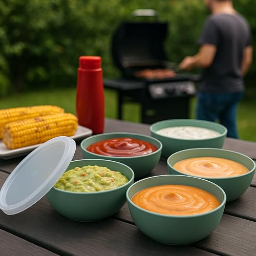 idea-station Müslischalen mit Deckel 6 Stück - 14 cm / 500 ml - grün-grau matt - bruchfeste Plastikschüsseln mit Deckel - Schalen und Schüssel Set für Camping