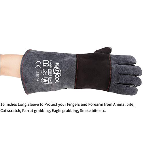 Rapicca Animal Handling Gloves Bite Proof Kevlar Reinforced Leather Padding Dog,Cat Scratch,Bird Falcon Gloves Grabbing Reptile Squirrel Snake Bite 16In Grey-Black #TOP4