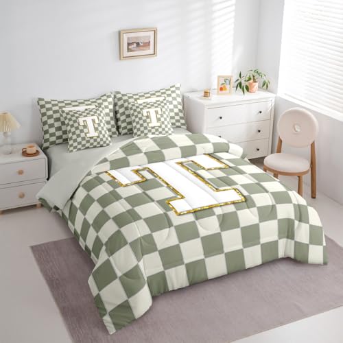 Image of Erosebridal Sage Green Checkered King Bed in A Bag 7 Piece Plaid Initial T Comforter Set with Sheets Personalized Monogram Bedding Sets for Kids Adults,Fashion Grids Gingham Bed Set