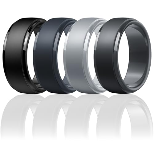 Image of Egnaro Men's Silicone Wedding Rings: Classic Black Step Edge Rubber band 10mm Wide 2.5mm Thick- Hypoallergenic for Gym /Outdoor /Gift(1 /4 /7 Variety Pack with Half Size)