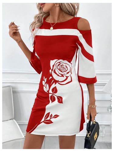 Image of Verdusa Women's Floral Print Cold Shoulder Dress Color Block Half Sleeve Short Dress
