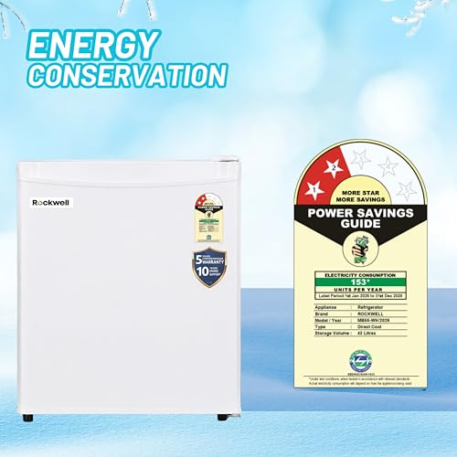 Image of ROCKWELL 47L Mini Fridge with Freezer, 2 Star, 5 Year Warranty, Direct Cool Technology, Adjustable Shelves, Ideal for Bedroom, Small Spaces, Hostels, and Offices, White