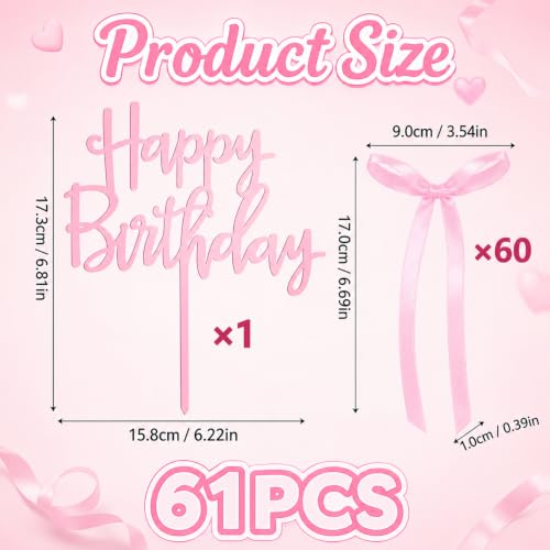 Pink Bows for Cake, 61 Pcs Satin Ribbon Bow Cupcake Toppers by VxsaVsra - Used condition - Image 2