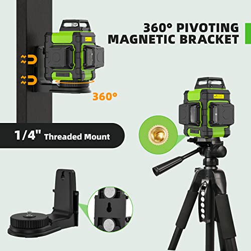 Image of Huepar Laser Level 360, Self Leveling Rechargeable Green Beam 3D Cross Line Laser Level with with 12 Feet Telescoping Pole 3 x 360 Level Laser Tool with Pulse Mode, Magnetic Bracket - HM03CG & LP36