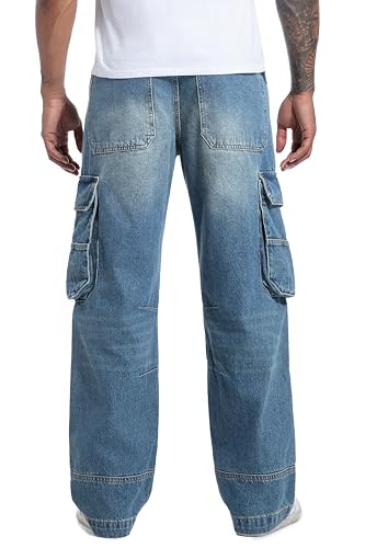Men's Non-Stretch Loose Fit Wide-Leg Baggy Cargo Jeans Pants4