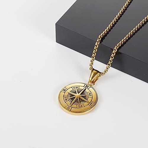 Unisex Vintage Style Compass Navigator Pendant Necklace - Gold Colour Stainless Steel