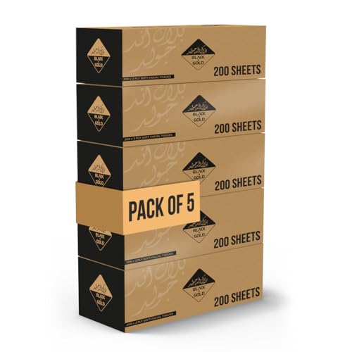 Nice Touch Facial Tissue Black & Gold Box - 5 Packs of 200 Sheets - Contains 1000 Premium 2 Ply Tissues