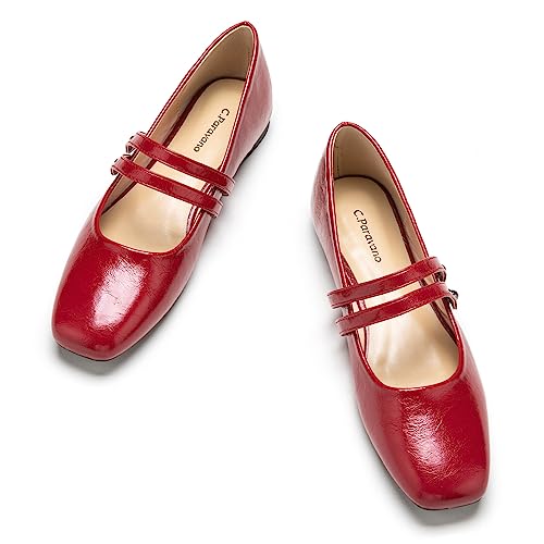C.Paravano Mary Jane Shoes for Women | Women's Square Toe Flats | Comfortable Leather Mary Jane Flats | Slip On Dressy Ballet Flat | Walking Red Shoes for Casual Work Office (Size 7,Red)