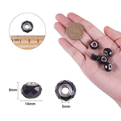 Nbeads 100 Pcs 14Mm Handmade Glass European Large Hole Beads Silver Color Brass Core, 8Mm Thick, Hole: 5Mm,Black #TOP1