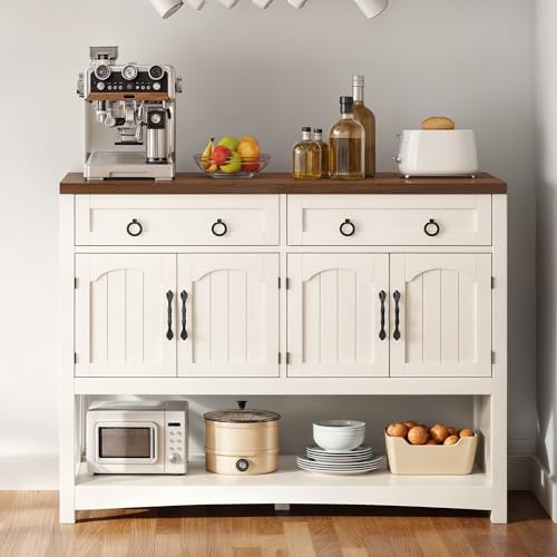 DWVO 47.2" Buffet Sideboard Cabinet with Storage, Farmhouse Coffee Bar Cabinet w/2 Drawers, Wood 4-Doors Console Table with Adjustable Shelves for Kitchen, Dining Room, Living Room, Entryway (White)
