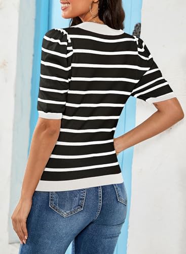 Dokotoo Womens Puff Short Sleeve Shirts Trendy V Neck Dressy Casual Knit Tops Stripes Collared T Shirts Blouses2