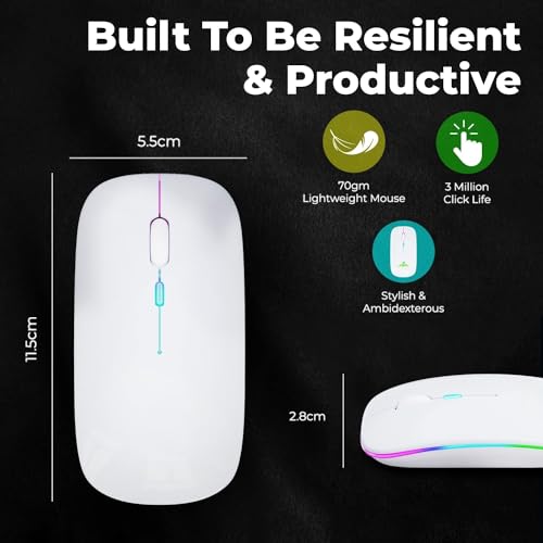 Image of Electro Wolf WM12 Rechargeable Wireless Mouse with RGB LED Backlit Silent Click (White Color) 1600 DPI Ergonomic Mouse for Laptop pc Computer Gaming & Work (WM12 White)