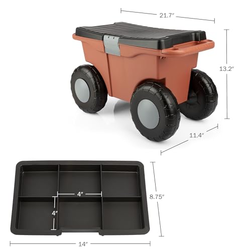 Image of Pure Garden Rolling Garden Cart with Seat - Plastic Storage with Bench and Tool Tray - Gardening Stool for Weeding or Planting (Terracotta)