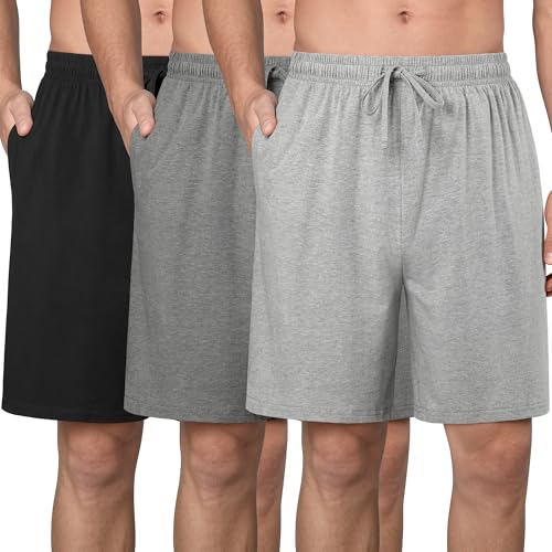 Wenouy 3 Pack Mens Cotton Pajama Shorts Soft Comfortable Lounge Shorts with Drawstring & Two Pockets Sleep Bottoms for Men Black Gray Light Gray XL