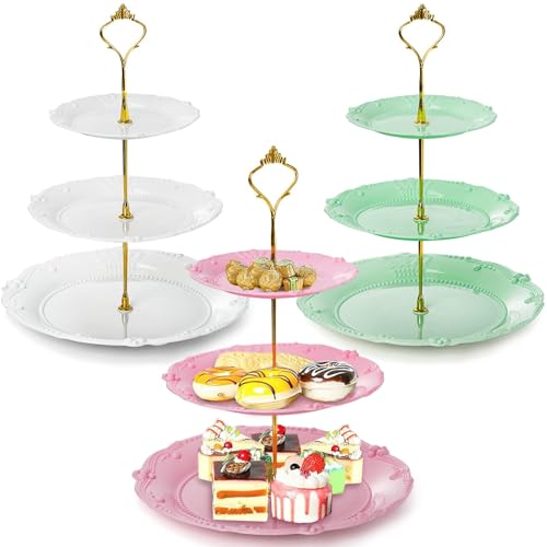3 Pack 3 Tier Plastic Cupcake Stand, Dessert Plates Cake Fruit Candy Display Tower Reusable Pastry Platter for Wedding Birthday Baby Shower Tea Party Decorations - White Pink Green