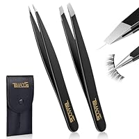 TsMADDTs Slant and Point Tip Tweezers for Women and Men, 2-Pack Professional Stainless Steel Precision Tweezers for Eyebrows, Facial Hair, Ingrown Hair Removal