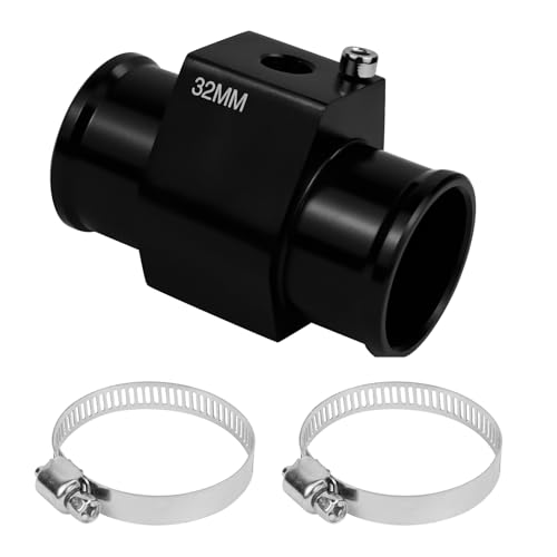 Hovom 32mm Water Temperature Joint Pipe Connector, Aluminum Water Temp Sensor Gauge Radiator Coolant Hose Adapter with 2 Clamps, Radiator Hose Attachment Adapter, Car Accessories(Black, 32mm)