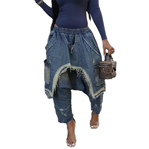 Women's Denim Harem Pants Irregular Hem Elastic Waist Ripped Distressed Wide Leg Baggy Jeans