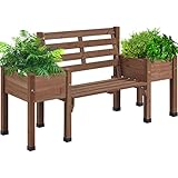 Topeakmart Brown Wooden Garden Bench with Side Planter Boxes, Raised Plant Container for Patio/Backyard/Garden
