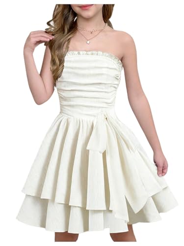 Girl's Bow Knot Pleated Dress Strapless Sleeveless Layered Ruffle Flared Short Dresses
