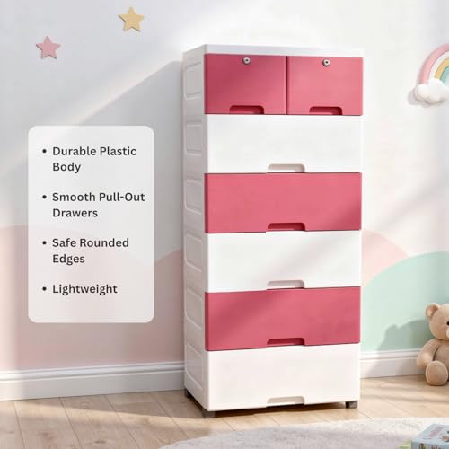 Image of The Tickle Toe 7-Drawer Plastic Chest for Kids | Multipurpose Organizer & Wardrobe for Clothes & Toys with Locks | Portable Storage Cabinet, 51L x 33W x 121H cm (Pink & White)