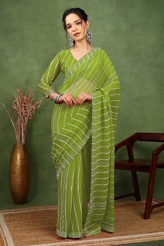 Image of MIRCHI FASHION Saree for Woman Georgette Solid with Satin Stripes | Stone Border Farewell and Ceremonial Sari with Blouse Piece