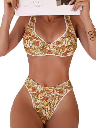 Women's Floral Printed Bathing Suit High Waisted Knot Swimsuit Bikini Set