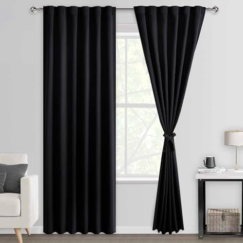 DWCN Black Out Curtains 84 inch Long for Bedroom - Back Tab and Rod Pocket Tieble Thermal Insulated Light Blocking Window Treatment Panels for Living Room, 52 x 84 Inch, 2 Panels, Black