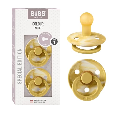 Image of BIBS Pacifiers Colour Collection | Natural Rubber Baby Pacifier | Set of 2 BPA-Free Soothers | Made in Denmark | 0+ Months (Pack of 2) | Mustard/Ivory Tie Dye