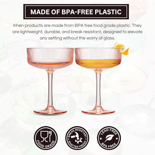 Khen Shatterproof Acrylic Ribbed Vintage Art Deco Martini, Champagne & Cocktail Coral Peach Pink Plastic Coupe Glasses | Set of 2 | 8 oz Ripple Glassware Indoor & Outdoor Gift