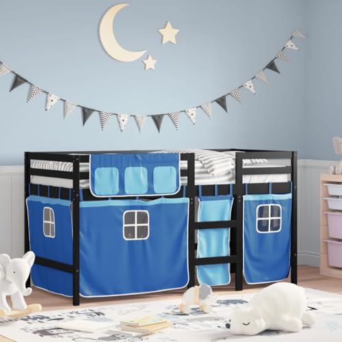 KLYEON Cama Alta para niños con Cortinas Madera Pino Azul 90x200 cm Camas y somieres