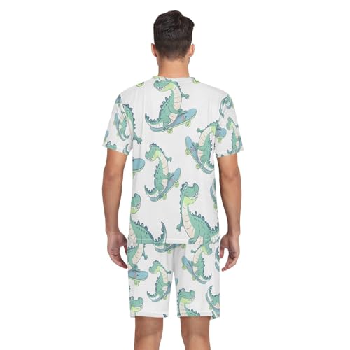 Men's Pajama Set Cartoon Crocodiles Pattern Short Sleeve with Shorts Pockets Sleepwear Set Summer Loungewear 6