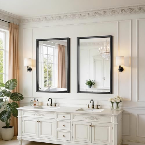 Image of Black Framed Mirror 24 inchx40 inch, Brushed Black Bathroom Mirrors for Over Sink, 0.6 inch Thickened Deep Frame Rectangle Mirrors for Wall, Shatterproof Tempered Glass, Antirust, Horizontally /Vertically