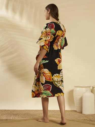 Image of Ravaiyaa Women Printed Cotton V-Neck Knee Length Kaftan Dress Nighty