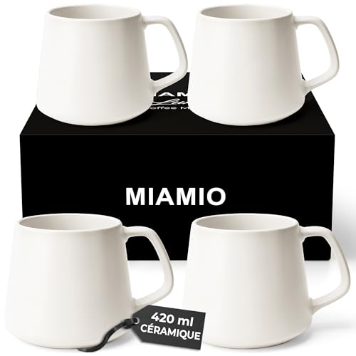 MIAMIO - Ensemble de Tasses à Café (Lot de 4) / Grandes Tasses en Céramique (420 ml) - Tasse pour Cappuccino, Thé, Espresso - Compatible Micro-ondes et...