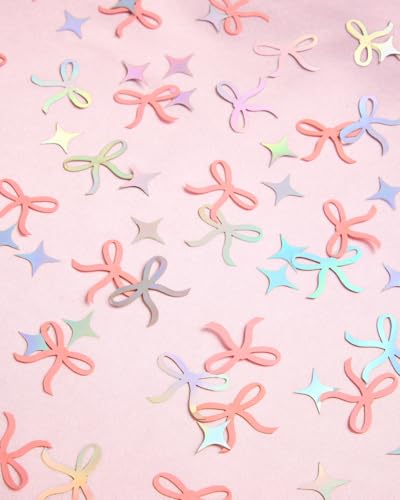 Image of xo, Fetti Bow Confetti - 200 pc | Bachelorette Party Pink and Iridescent, Engagement Party Decoration, Tying the Knot Table Decor, Bride To Be Coquette Ribbon Bridal Shower Supplies (Pack of 3)