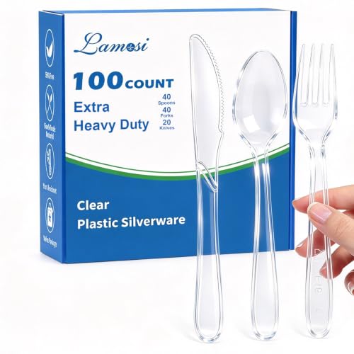 Image of 100 Count Extra Heavy Duty Clear Plastic Forks, Spoons, Knives