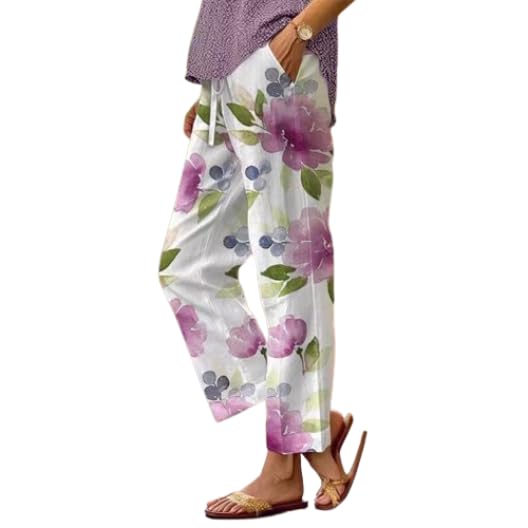 Akivide Women Casual Floral Print Linen Pant Summer Boho High Waist Straight Wide Leg Beach Lounge Capri Trouser