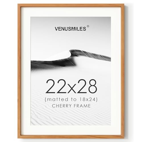 Image of 22x28 Poster Frame, USA-Sourced Natural Cherry Wood Picture Collage Frame with HD Tempered Glass, Modern Simple 22 x 28 Wooden Photo Frame Matted to 18x24, Vertical & Horizontal Wall Hanging Display