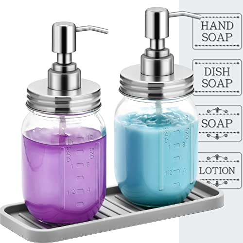 VITVITI Seifenspender für Küchenspüle, Hand-/Geschirr-Seifenspender für Badezimmer, Mason Jar Seifenspender mit Silikonablage & Edelstahlpumpe, 16oz 2er Set, Glas Cover
