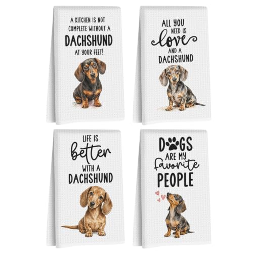 Image of 4 Pcs Funny Dachshund Kitchen Towels, Dachshund Gifts Reusable Dish Towels