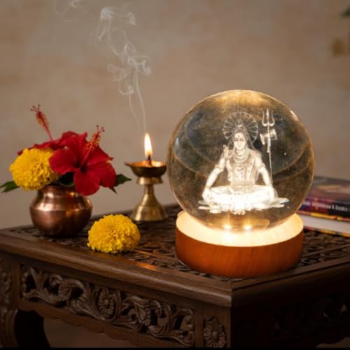 Image of 3D Crystal Ball Night Lamp with Wooden Base, LED USB Decorative Light (Shiv (Medium))