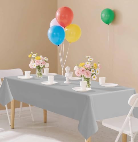 Image of SietDESEO 2 Pack Silver Plastic Tablecloth Rectangle 54 x 108 Premium Disposable Table Cloth Plastic Table Cover for Wedding Baby Shower Party Supplies Silver Tablecloth Disposable